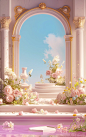 flower arrangement in a pink frame scenery photoshop templates, in the style of classical architecture, octane render, kawaii aesthetic, light cyan and light amber, stage-like environments, 32k uhd, columns and totems
