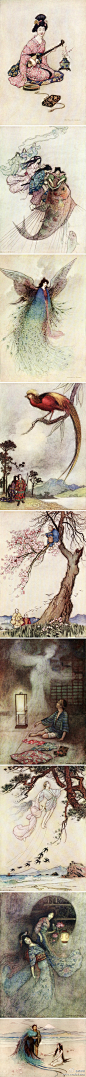 《 日本童话》作者：Grace James；插图：Warwick Goble。在这套插图中，我们还是看到了“外国人眼里的东方”。虽然Goble极力的用留白，对角构图这样的语言向东方气质靠拢，但我们依然在造型里看见了西方绘画的影子。不过，以Goble一贯的平和风格，其实骨子本身就带有几分东方的神韵呢。