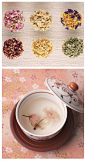 【花草茶调养方】
1.调节内分泌：玫瑰花+枸杞+杭白菊+金盏花+乌梅；
2.促进新陈代谢：玉蝴蝶+千日红+素馨花；
3.改善过敏肤质：茉莉+马鞭草+薄荷；
4.明目润肠：蔷薇果+杭白菊+干百合+月桂叶；
5.养胃美容：粉红玫瑰+马鞭草+矢车菊+茉莉；
6.舒缓安神：金盏花+甜菊叶+马鞭草+香蜂叶+橙皮+肉桂。