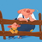 Illustration - Father & Son : Hi! A little piggy who wants to become big and strong like his daddy when he grows up.