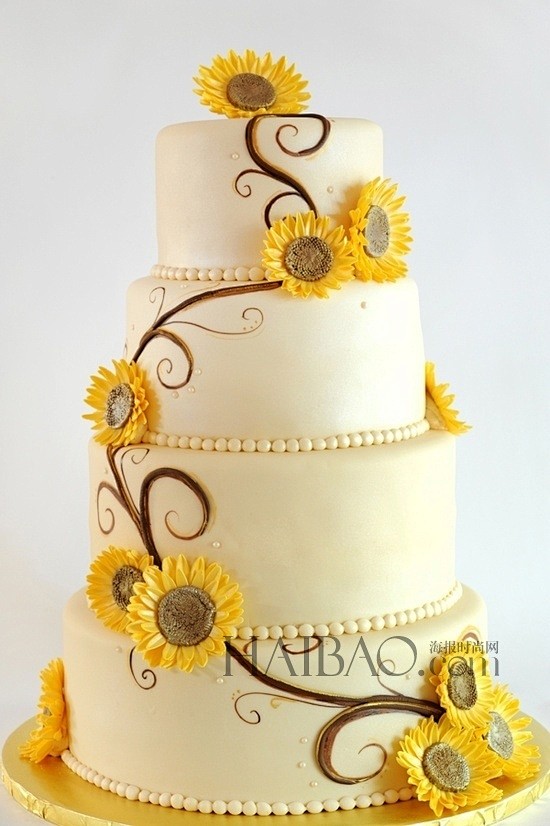 灵感来自《向日葵》的婚礼蛋糕，纯净色调的...