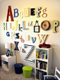 Another way to do the abc's, Love love love for a future play room. Must start collecting letters now. One pinner said they got different letters from a baby shower where each guest was assigned a letter to bring so you get multiple peoples style.