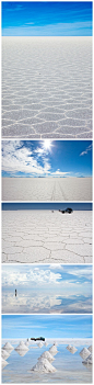 【乌尤尼盐沼（Salar de Uyuni）】：位于玻利维亚西南部天空之镜的乌尤尼小镇附近，是世界最大的盐沼。东西长约250公里，南北宽约100公里，面积达10,582平方公里，盛产岩盐与石膏。据考证，数百万年前这里是一片汪洋大海，随着地壳不断上升，海水逐渐退去，留下一个个湖泊。