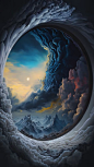 A painting of heaven, clouds and mountains through a hole, in the style of time - lapse photography, mind - bending illusions, hyper - detailed illustrations, swirling vortexes, richly colored skies, dark cyan and gray, spectacular backdrops