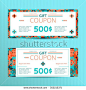 Vector illustration of gift voucher template collection. Voucher tickets. Voucher sale coupons. Gift voucher. Voucher vector. Set of vector coupon templates. Random colored gift coupons. - stock vector