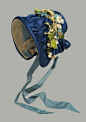 French about 1840  6.5 cm (2 9/16 in.)  Doll's bonnet of dark blue satin faced with yellow taffeta with light blue ribbon ties, trimmed on top with wreath of artificial flowers, dark blue velvet ribbon, and blonde lace.