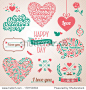 Happy valentines day and weeding design elements. Vector illustration. Typographical Background With Ornaments, Hearts, Ribbon and Arrow. Doodles and curls.