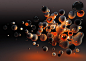 Abstract floating orange and black spheres