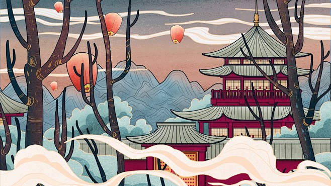 中国古风建筑插画