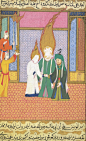 后世描绘穆罕默德使阿里与法蒂玛牵手成功的画作，绿头巾者为阿里，白衣者为法蒂玛，绿衣者为穆罕默德