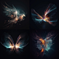 beautiful aerial creature made of light refraction rays, swirling fur, long wings, space background