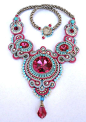 Crimson Rapture Soutache necklace in Fuchsia, Turquoise and Silver: 
