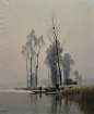 Brume Matinale sur LâEure en novembre by Alexandre Louis Jacob. A fresh morning mist envelopes two morning boaters, as they moor up on the reeds after watching dawn break on the river. Tall trees sway in the crisp breeze in this dream-like landscape, st