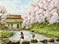 在列车上旅行，路旁樱花飞扬，人家三两。列车慢慢走，美景慢慢看。日本铁道画家 松本忠 用绘画展现出日本福岛县沿铁路的美丽景色。