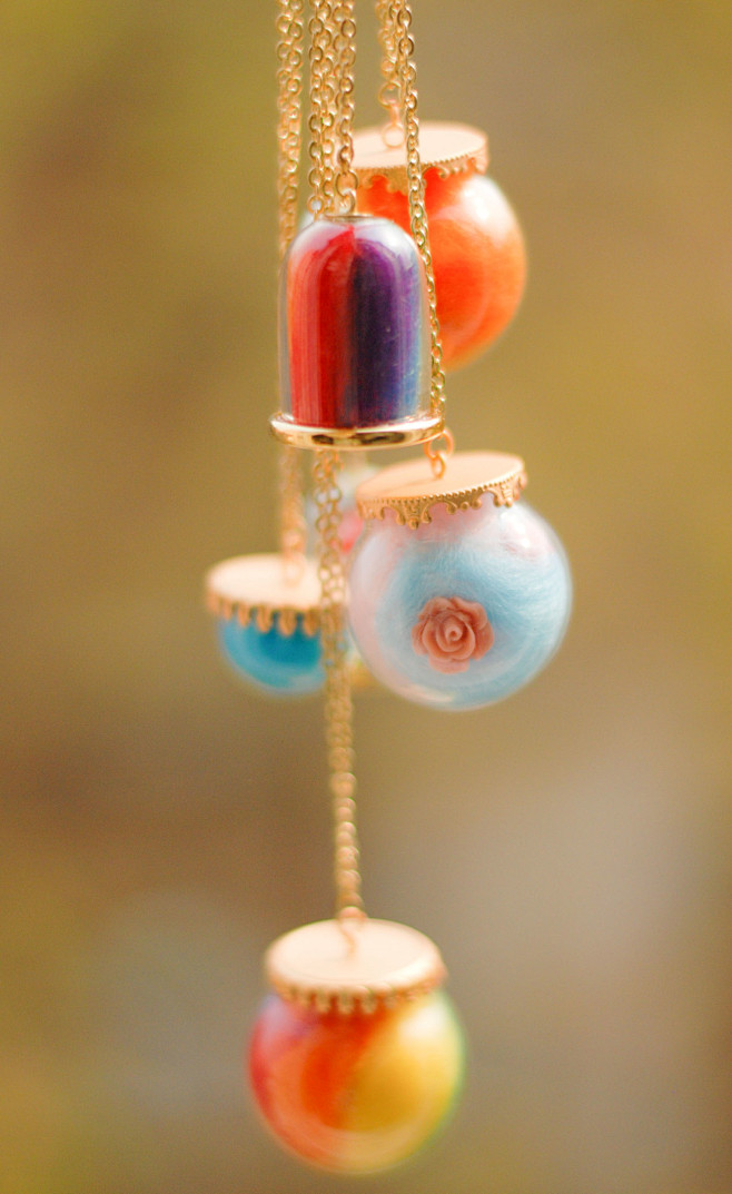 手作羊毛毡球形玻璃罩 彩虹 项链吊坠