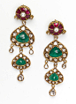Amrapali yellow gold, ruby, Zambian emerald and diamond three drop earrings.