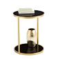 Round end table with a golden metal frame, black glass top, and matching bottom shelf.  Product: End tableConstructi...
