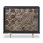 Cohen Chest : The Cohen is a handsome statement credenza featuring a deep bevel wood frame in a Cinder Lacquer finish centered with 4 printed glass doors with interlocking gold leaf circles over Gray slate finish