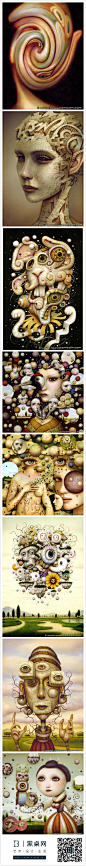 Naoto Hattori，日本画家，1975年出生。他的作品充满想象力，风格诡异怪诞，常从古典名作中吸取灵感，充满#超现实主义#风格。Naoto Hattori说，“我所表达的东西来自我的内在意识。我喜欢看在我脑海里究竟在发生些什么，有些时候这些念头相当怪异和扭曲，但我都会如实的将它们画出来，而不加任何修饰”。