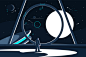 Spacesuit astronaut in spaceship looking at moon. Space station interior. Flat. Vector illustration.