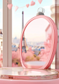 paris wall mirror light pink ring with a mirror shaped like a heart, in the style of captivating harbor views, tomàs barceló, windows vista, nicoletta ceccoli, y2k aesthetic, cheerful colors, selective focus