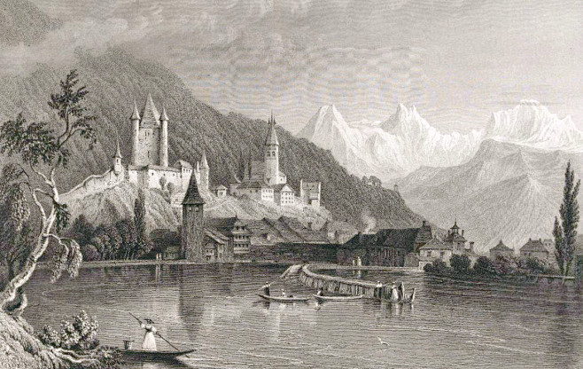1835一幅描绘瑞士小镇图恩的版画，远处...