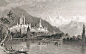 1835一幅描绘瑞士小镇图恩的版画，远处右侧可见白雪覆盖的伯尔尼阿尔卑斯山