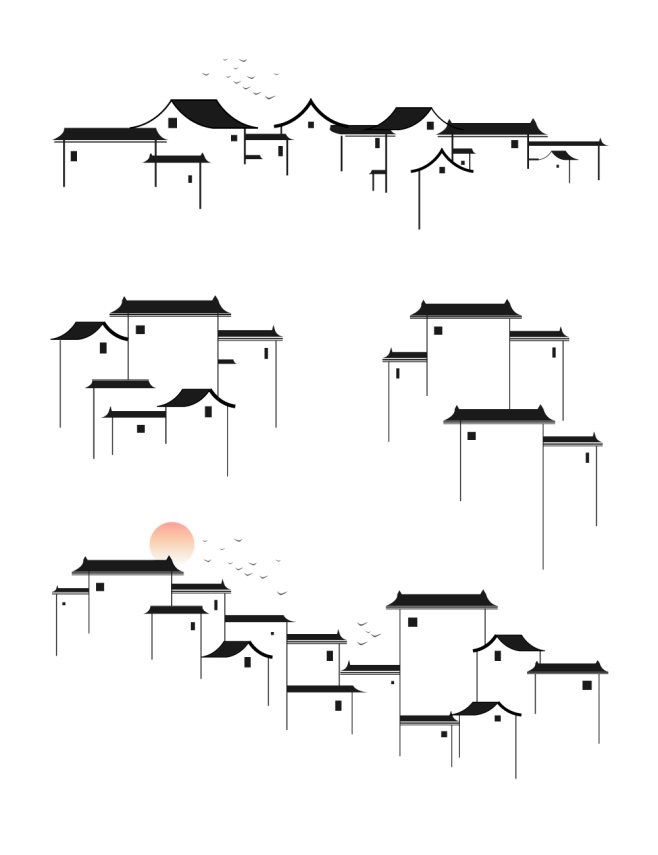 中国风传统水墨徽派建筑地标装饰插画