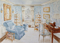B. Russell Melzer watercolor interior sketch for Jane Ellsworth's Rooms with a View 2014 vignette: 