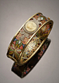 Art Nouveau 18-karat yellow-gold, platinum, 
diamond, plique--jour 
and cameo bangle bracelet