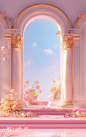 flower arrangement in a pink frame scenery photoshop templates, in the style of classical architecture, octane render, kawaii aesthetic, light cyan and light amber, stage-like environments, 32k uhd, columns and totems