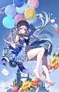 Anime 2879x4448 Genshin Impact artwork Kamisato Ayaka (Genshin Impact) anime anime girls blue hair blue eyes long hair hat dress white stockings balloon flowers Yolanda Pixiv legs portrait display looking at viewer flower in hair letter stockings feet