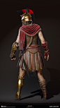 Alexios/Kassandra Outfit - Mercenary, Sabin Lalancette : This result was an excellent team effort in delivering an iconic outfit for the visual signature of the game.<br/>Body, head, helmet, holster, sandals  - Sabin Lalancette<br/>Hair - Stép