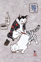 老猫不发威，你当我是hello kitty | 日本艺术家 Kazuaki Horitomo 超现实主义的水墨画。（monmoncats.myshopify.com）