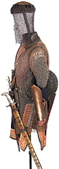 A complete Khevsur armor including a handwoven gambeson, a riveted mail misiurka-type helmet, a butted mail shirt, a pair of hand forged steel arm guards. A fine cross-belt mounted with hammered silver plaques, a large kindjal dagger, a distinctive khmali