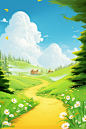 a yellow road road with trees and flowers in a grassy field, in the style of digital airbrushing, light emerald and white, he jiaying, cute cartoonish designs, photographic montage, windows xp, childlike innocence