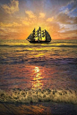 sailing ship sunset   帆船日落
