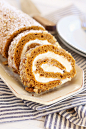 Pumpkin Roll - topped with walnuts with sweet cream cheese filling. This is the best and easiest pumpkin roll recipe ever, so decadent! | rasamalaysia.com