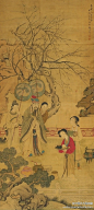 【 清 赵冕 《人物》 】立轴，绢本设色，169x76cm，台湾国立历史博物馆藏。 赵冕，字冠山。林弟。画人物娟秀欲绝，喜用水法，多新意，亦能花卉。