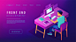 Blockchain development isometric concepts : Isometric blockchain technology and front end development concept. Blockchain developer sitting near GPU mining farm with laptop, writing code. Vector 3D isometric illustration on ultraviolet background.