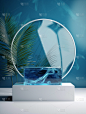 3D背景，方形大理石，圆形玻璃框架和蓝色背景，棕榈叶，3D渲染