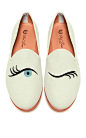 Del Toro Prince Albert Bone Canvas Slipper Loafers With Winking Eye Embroidery