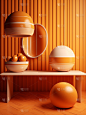 橙黄色内饰，配有球形灯具和陶瓷碗，采用条纹排列、单色平面设计，桌面布景c4d渲染
