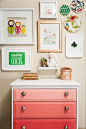 J and J Design Group: Chic girl's bedroom with eclectic art gallery over pink ombre chest. Girl's room art ...