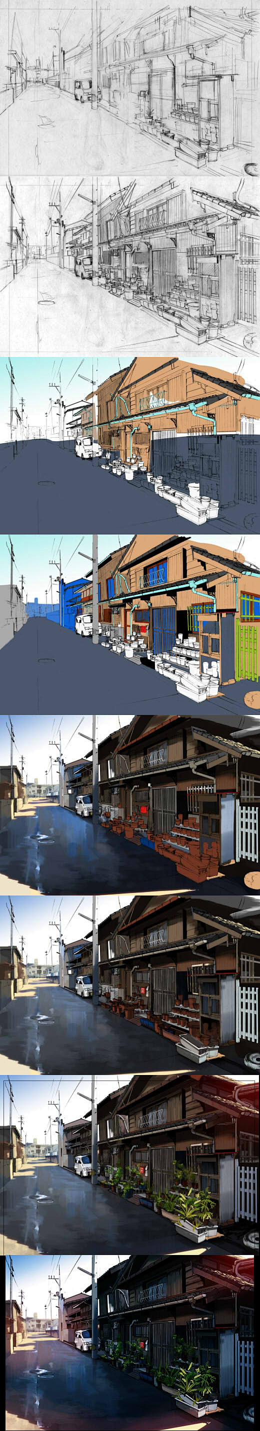 日本乡村街道背景漫画场景绘制过程