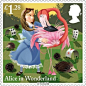 为庆祝英国作家刘易斯·卡罗尔（Lewis Caroll）的童话出版150周年，英国皇家邮政与著名插画家Grahame Baker-Smith合作，推出了《爱丽丝梦游仙境》邮票。这个童话故事已经不是第一次出现在英国邮票上了，早在1979年7月，为庆祝国际儿童年，就推出过一张面值为13便士的邮票。（最后一张）