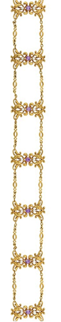 Antique Gold, Amethyst and Seed Pearl Choker Necklace   14 kt., composed of eight gold plaques of scrolled ribbon motif, centering 8 round amethysts flanked by 16 seed pearls, joined by fancy-shaped links, circa 1900, approximately 22.3 dwts. Length 13 3/