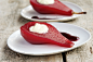 Photograph Red wine poached pears with vanilla bean mascarpone filling