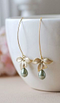 Gold Flower Sage Green Pearls Earrings. Sage Green