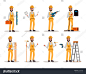 Set of Construction Worker. Worker man with construction tools in many pose. Flat character design. vector illustration，装修，建筑，工人，修理